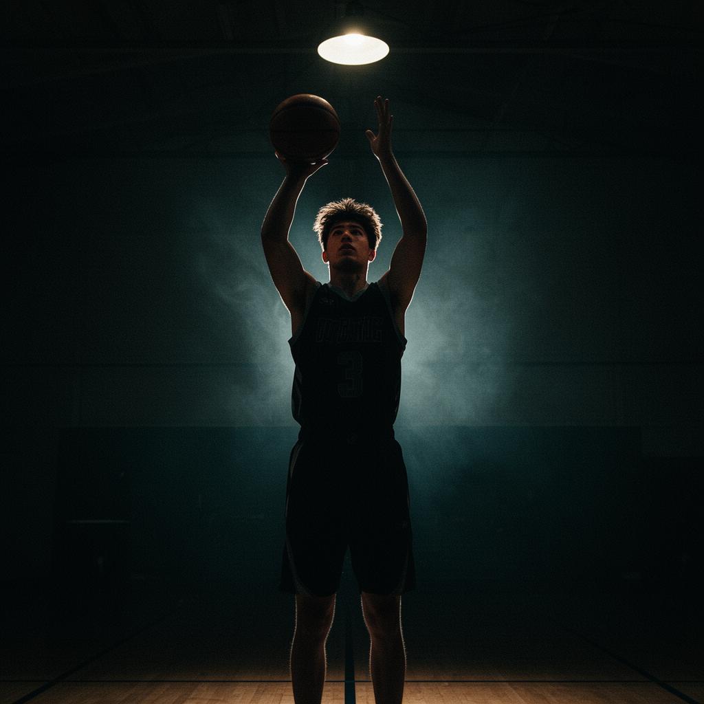 Basketball player working on craft in a dimly lit gym